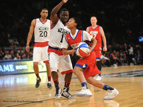 Mone-Davis-takes-Kevin-Hart-to-school-with-spin-move 2015-NBA-Celebrity-Game Photo-Credit Brad Barket Getty Images