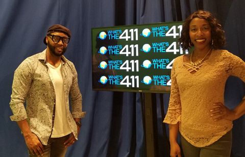RnB/pop artist Carl Brister (l) and What's The 411 host, Kizzy Cox in the studio taking a moment for photos after Carl's interview