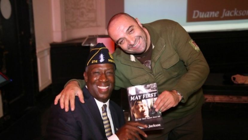 Duane Jackson (left) at his book signing party for his new book, MAY FIRST