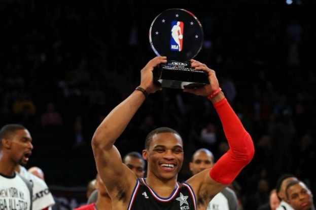Oklahoma City Thunder guard Russell Westbook holding 2015 NBA All-Star Game MVP trophy