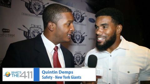 What's The 411Sports reporter Chris Graham chatting with New York Giants safety Quintin Demps at the launch of the Walter Thurmond Foundation for Arts and Education
