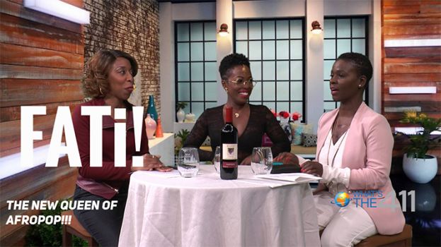 The new queen of Afropop, FATi (center), talking with award-winning journalist, Kizzy Cox, and comedian Onika McLean on the set of What’s The 411. 