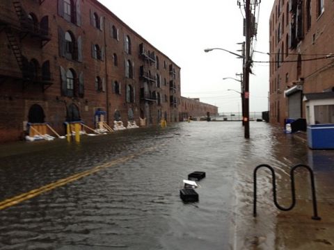 A flooded street in the Red Hook section of Brooklyn, New York directly following super storm Sandy