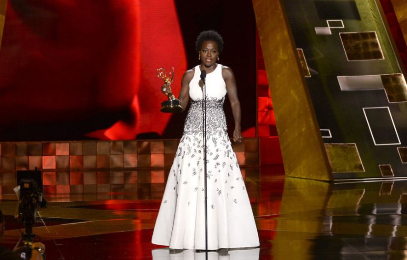 Actress Viola Davis giving her acceptance speech, after winning an Emmy Award for Outstanding Lead Actress in a Drama Series. She is the first black woman to do so.