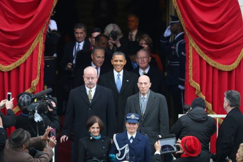 President Barack Obama entering the presidential podium to give his inaugural address after being elected President of the United States for the second time