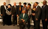 Irving Burgie aka Lord Burgess, songwriter of the song, Day O, made famous by Harry Belafonte is seated and behind him are (left to right) Brooklyn Borough President, Eric Adams; Mark Jaffee, President &amp; CEO of the Greater New York Chamber of Commerce; Dr. Gerald Deas, leading internist in the area of preventive health; NY1 News anchor Cheryl Wills; singer/actress Melba Moore; Barbara Askins, President and CEO of the 125th Street Business Improvement District in Upper Manhattan (NYC); former Fox 5-TV journalist, Bill McCreary, and; entrepreneur, author, and former corporate executive, Frank Savage